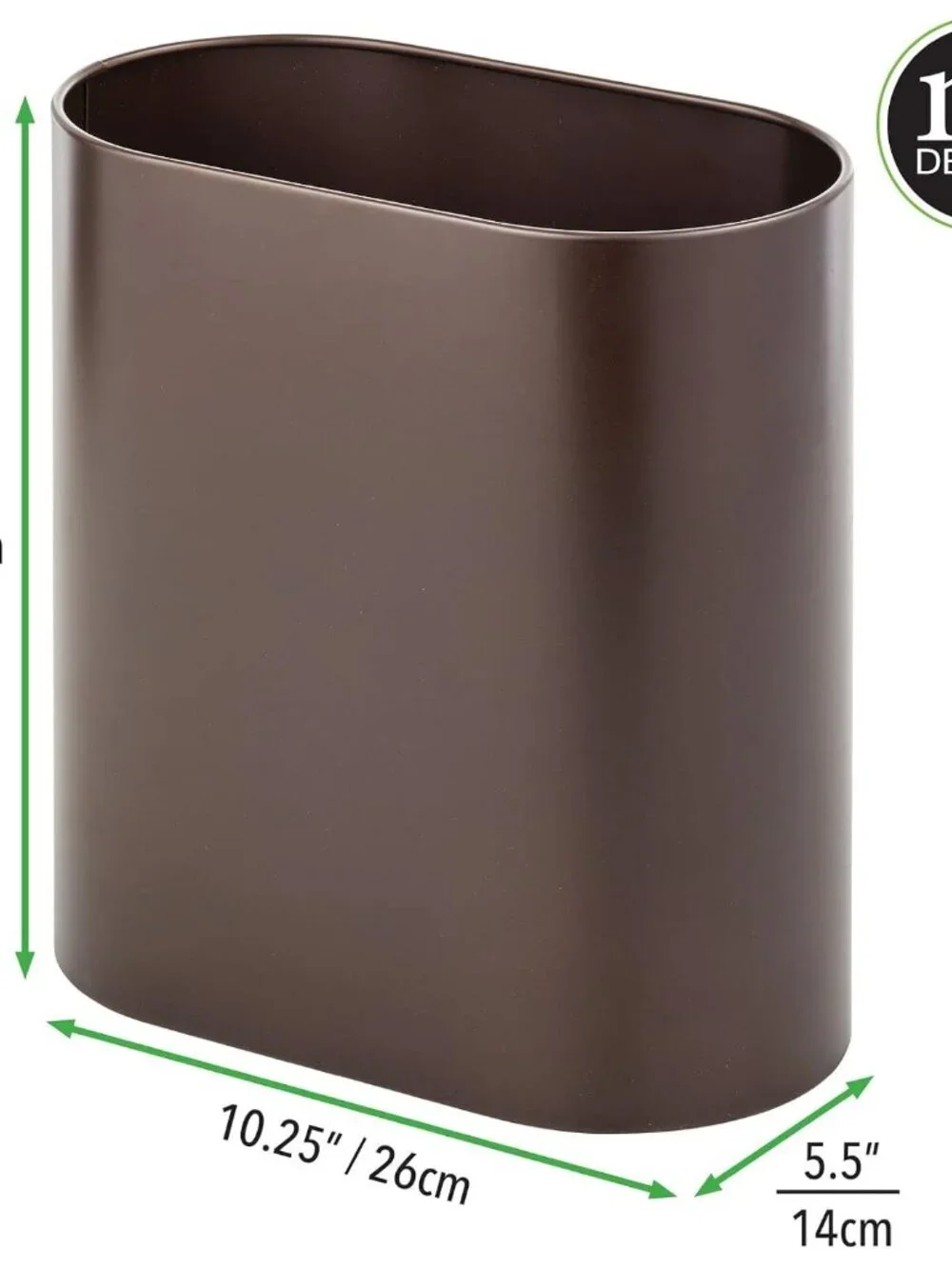 Brown Metal Oval Trash Can, Slim Garbage Bin for Bathroom, Bedroom, Powder Room
